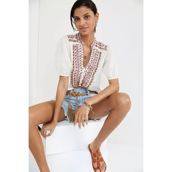 Anthropologie Embroidered Peasant Blouse Size 2 - Picture 1 of 10